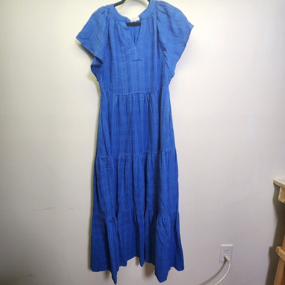 NWT Market & Spruce Cotton Rayon Maxi Dress Med Flutter Sleeves Tiered Pockets